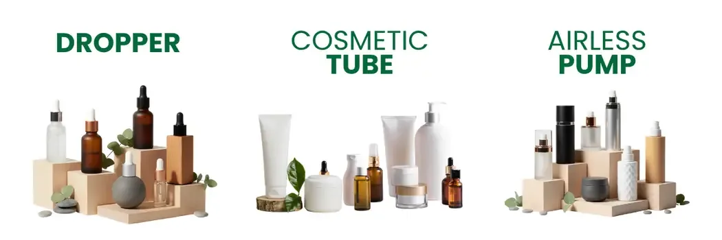 ตัวอย่างบรรจุภัณฑ์เครื่องสำอาง 3 แบบ: Dropper, Cosmetic Tube และ Airless Pump ใช้ในบริการ packagingเครื่องสำอาง / ผลิตแพ็คเกจจิ้ง / รับออกแบบผลิตกล่องบรรจุภัณฑ์ / packagingdesignthailand