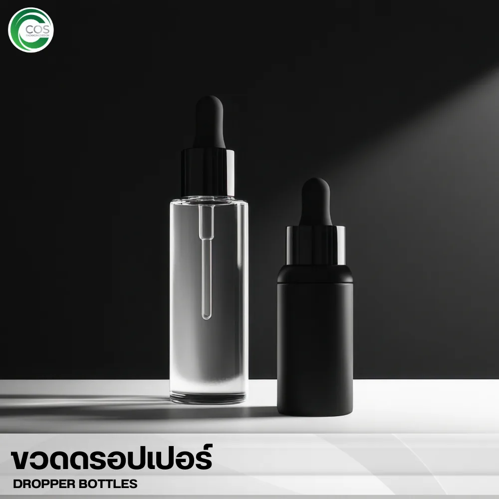 ขวดดรอปเปอร์สีดำพรีเมียมดีไซน์มินิมอลบนฉากขาวดำ