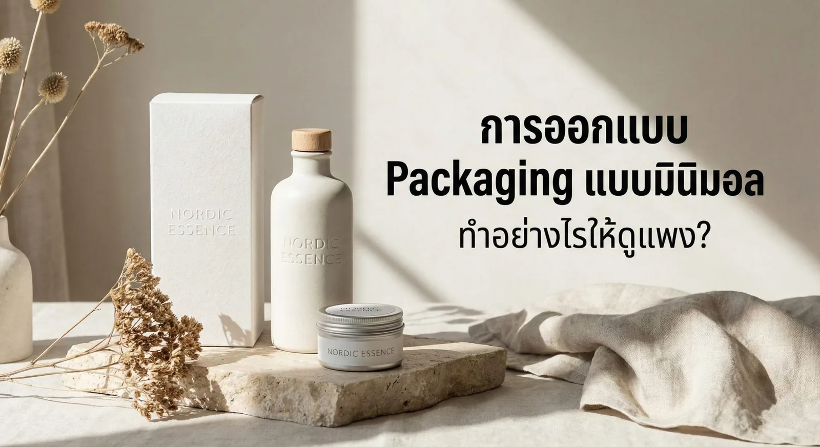 การออกแบบ packaging เครื่องสำอางแบบมินิมอล โทนขาวครีม ดูหรู เรียบ และพรีเมียม สำหรับแบรนด์สกินแคร์